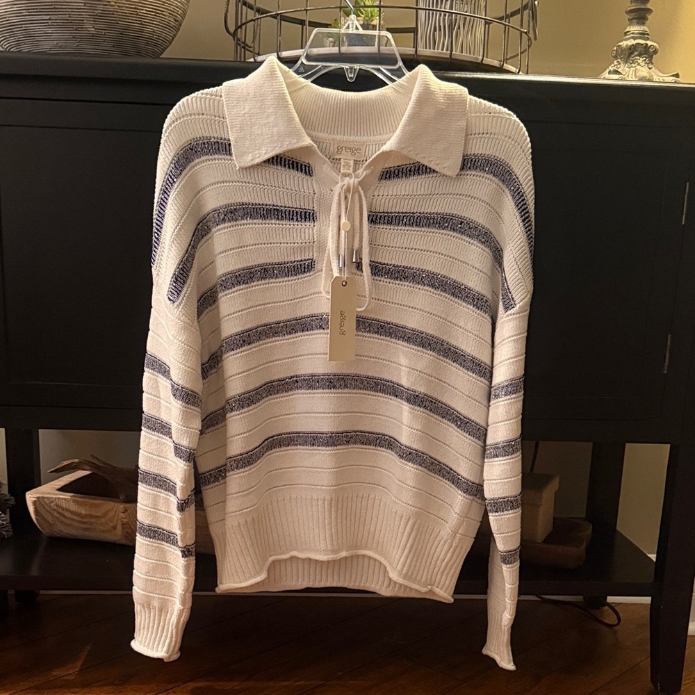 J. Crew Striped Collared V-Neck Sweater in Cream & Navy